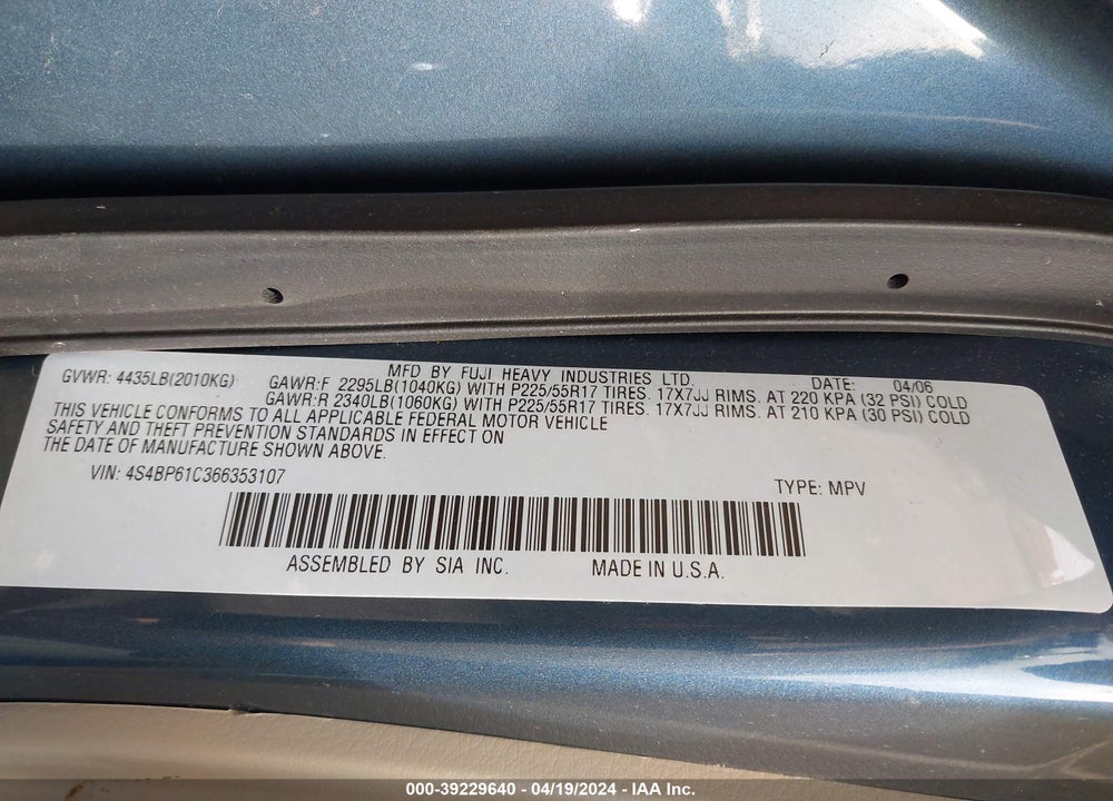 2006 SUBARU OUTBACK 2.5I VIN: 4S4BP61C366353107