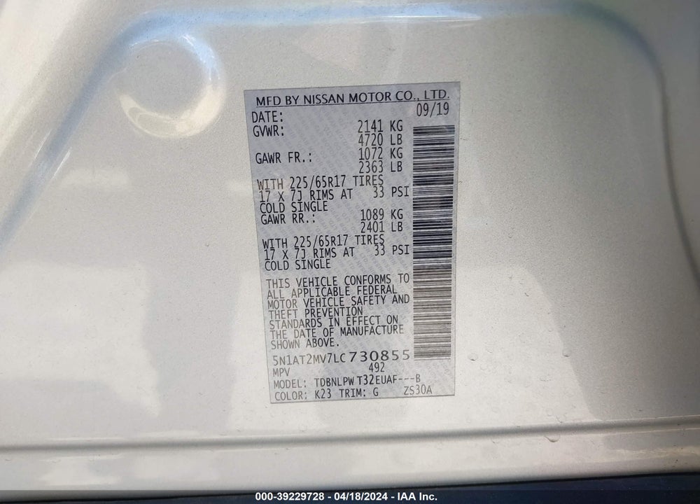 2020 NISSAN ROGUE S INTELLIGENT AWD VIN: 5N1AT2MV7LC730855