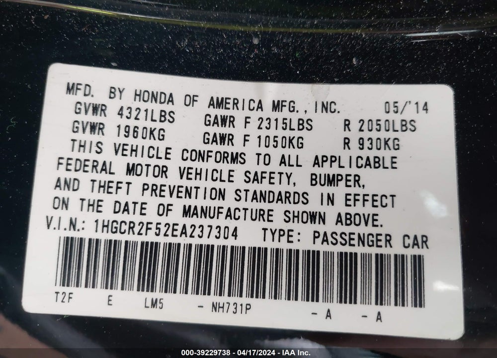 2014 HONDA ACCORD VIN: 1HGCR2F52EA237304