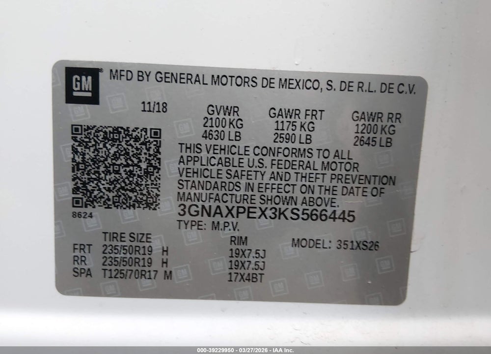 2019 CHEVROLET EQUINOX PREMIER VIN: 3GNAXPEX3KS566445