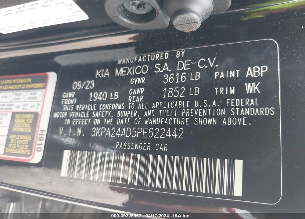 2023 KIA RIO LX VIN: 3KPA24AD5PE622442