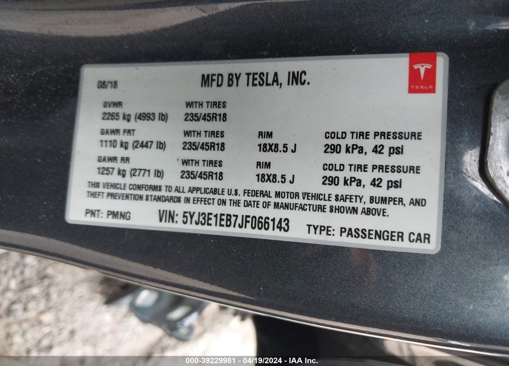 2018 TESLA MODEL 3 LONG RANGE/PERFORMANCE VIN: 5YJ3E1EB7JF066143