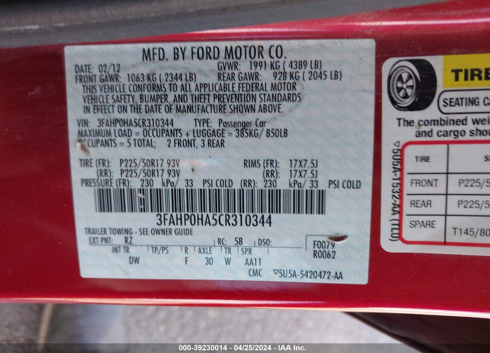2012 FORD FUSION SE VIN: 3FAHP0HA5CR310344