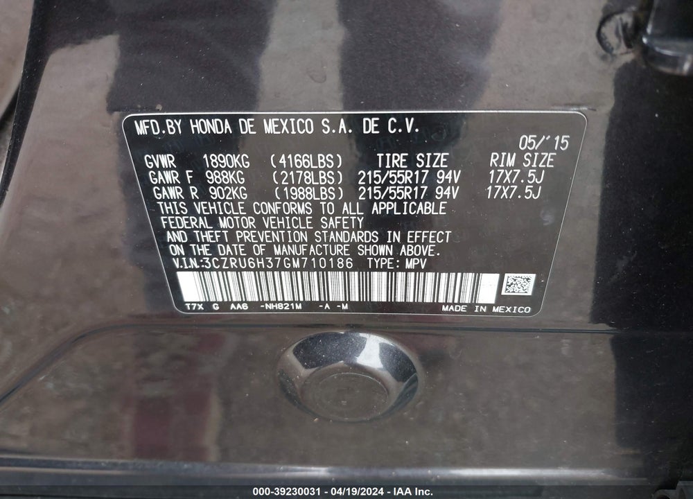 2016 HONDA HR-V LX VIN: 3CZRU6H37GM710186