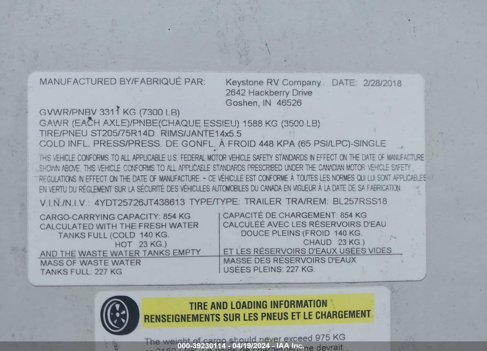 2018 KEYSTONE RV BULLET VIN: 4YDT25726JT438613