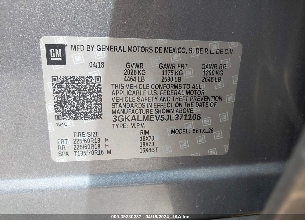 2018 GMC TERRAIN SLE VIN: 3GKALMEV5JL371106