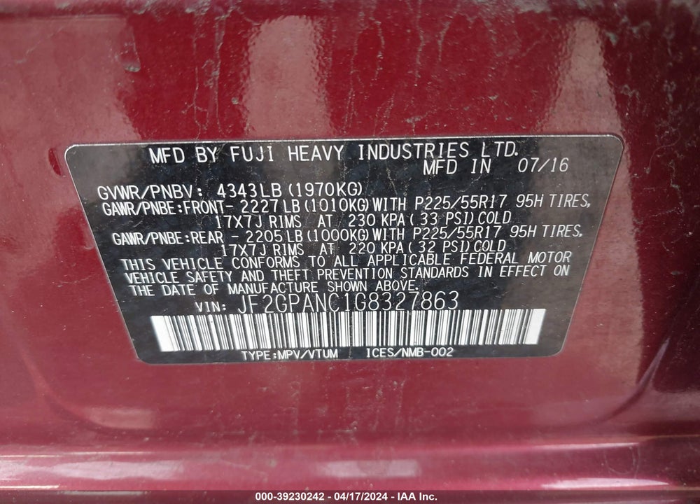 2016 SUBARU CROSSTREK 2.0I LIMITED VIN: JF2GPANC1G8327863