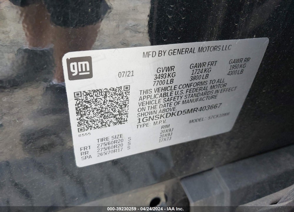 2021 CHEVROLET SUBURBAN 4WD Z71 VIN: 1GNSKDKD5MR403667
