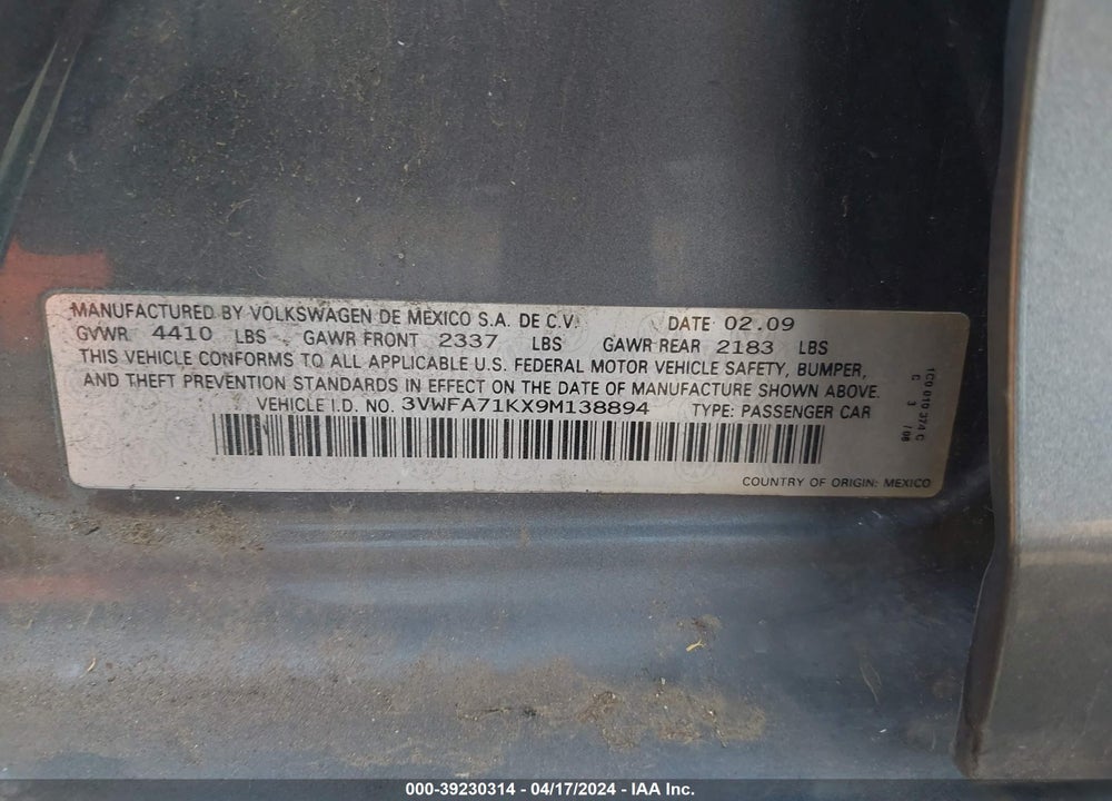 2009 VOLKSWAGEN GLI VIN: 3VWFA71KX9M138894