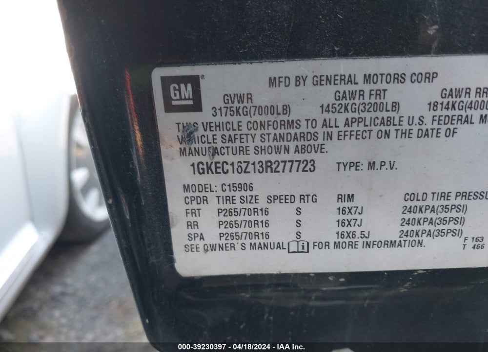 2003 GMC YUKON XL 1500 SLT VIN: 1GKEC16Z13R277723