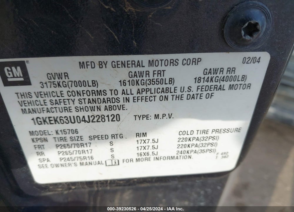 2004 GMC YUKON DENALI VIN: 1GKEK63U04J228120