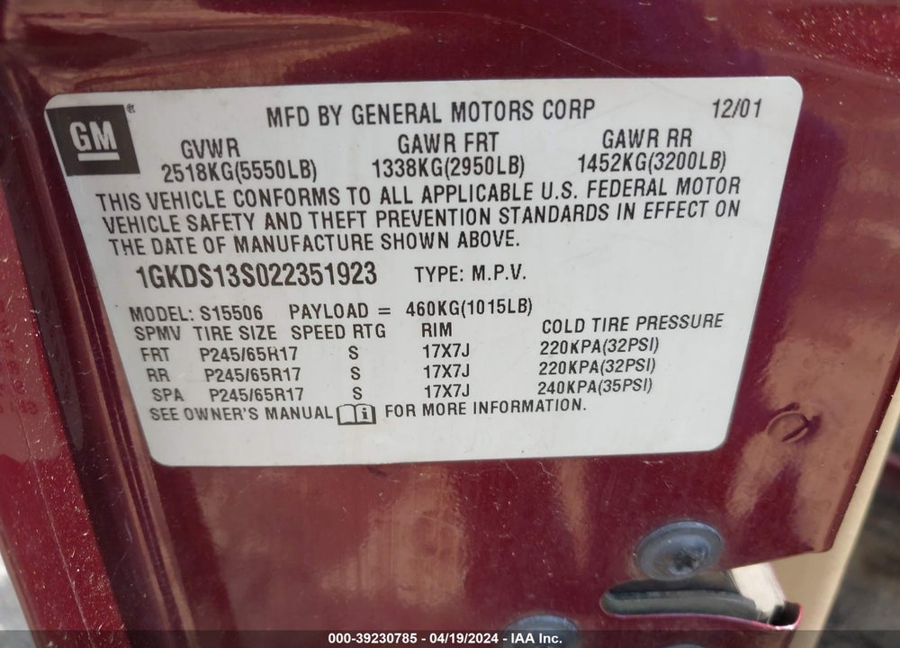 2002 GMC ENVOY SLT VIN: 1GKDS13S022351923