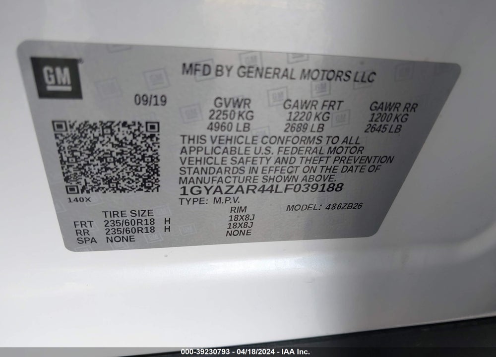 2020 CADILLAC XT4 VIN: 1GYAZAR44LF039188
