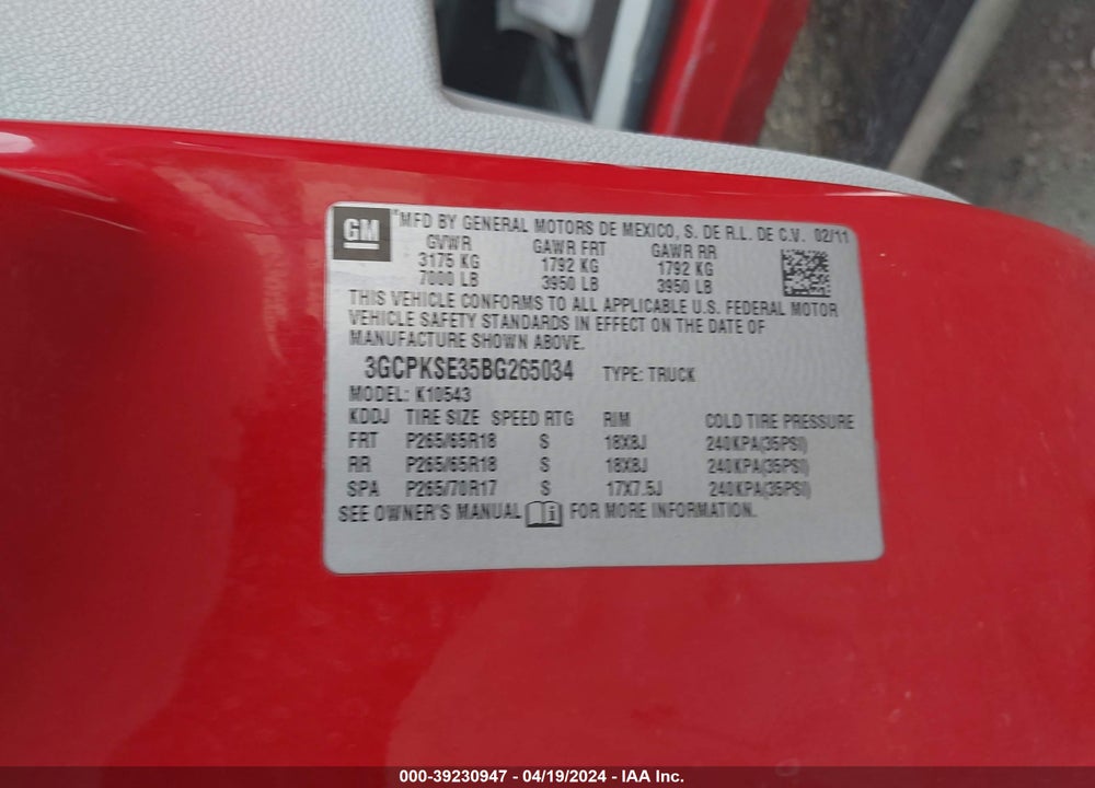 2011 CHEVROLET SILVERADO 1500 LT VIN: 3GCPKSE35BG265034