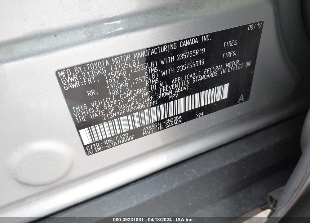 2019 TOYOTA RAV4 LIMITED VIN: 2T3N1RFVXKW061896