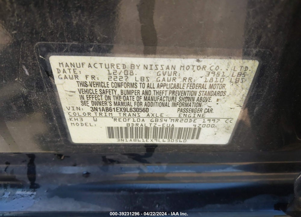 2009 NISSAN SENTRA 2.0S VIN: 3N1AB61EX9L630560