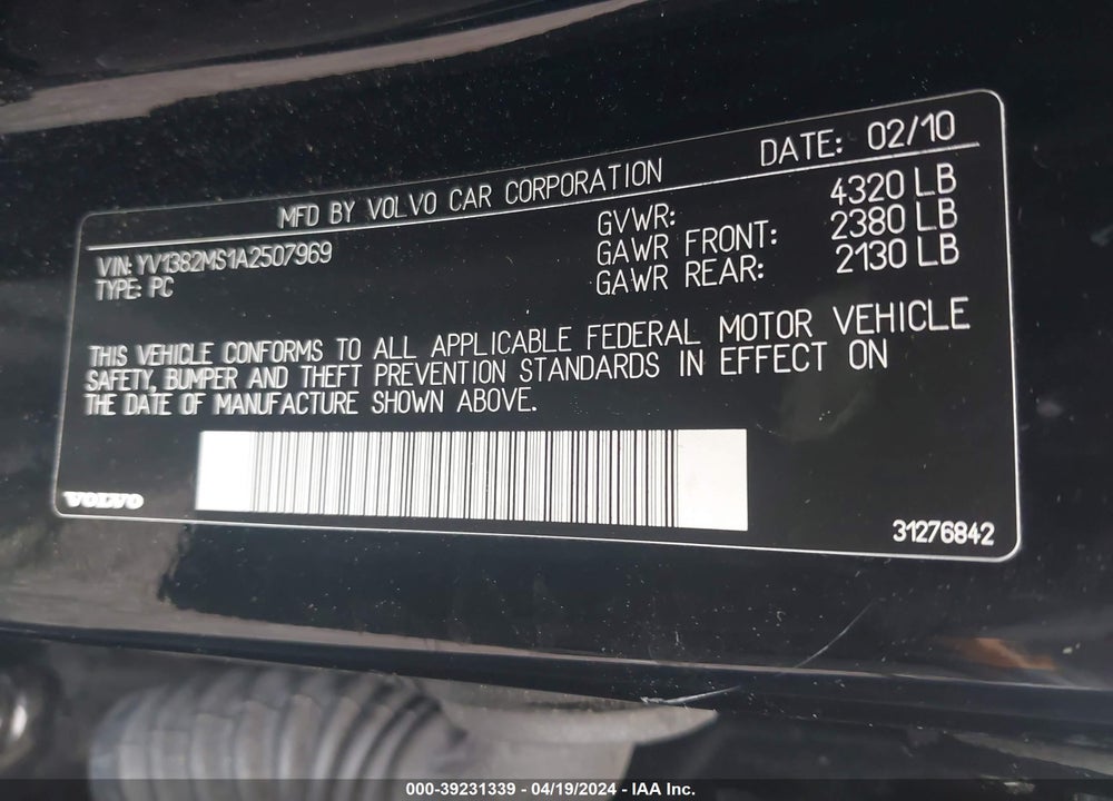 2010 VOLVO S40 2.4I VIN: YV1382MS1A2507969