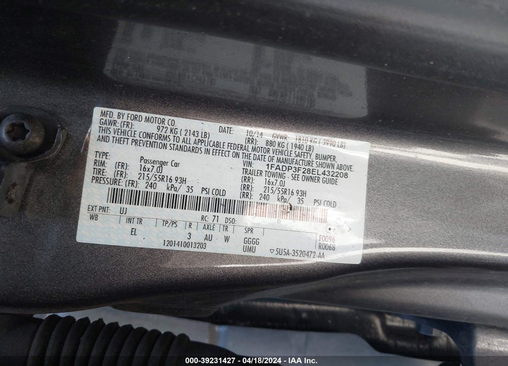 2014 FORD FOCUS SE VIN: 1FADP3F28EL432208