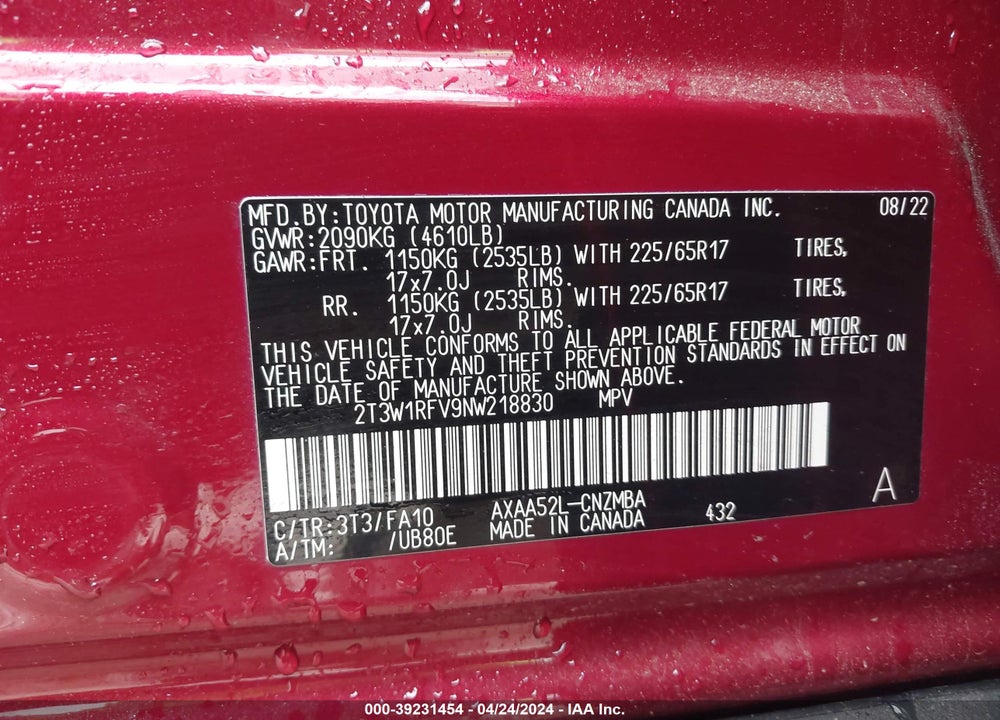 2022 TOYOTA RAV4 XLE VIN: 2T3W1RFV9NW218830