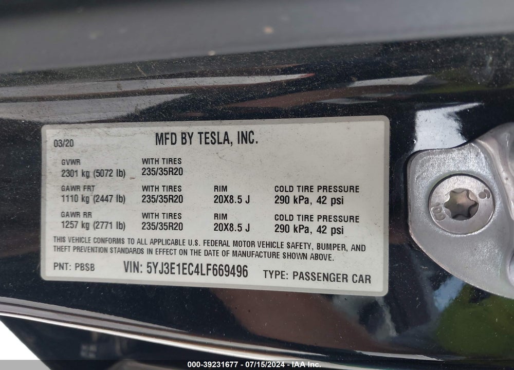 2020 TESLA MODEL 3 PERFORMANCE DUAL MOTOR ALL-WHEEL DRIVE VIN: 5YJ3E1EC4LF669496