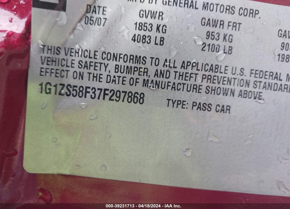 2007 CHEVROLET MALIBU LS VIN: 1G1ZS58F37F297868