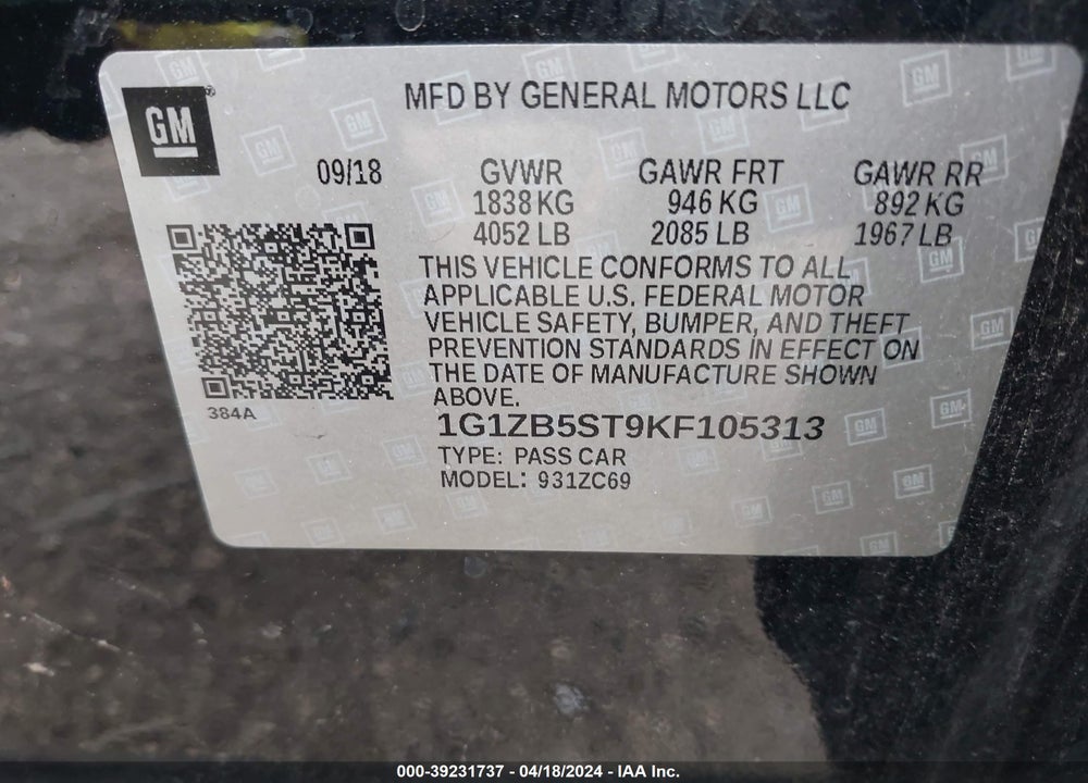 2019 CHEVROLET MALIBU 1LS VIN: 1G1ZB5ST9KF105313