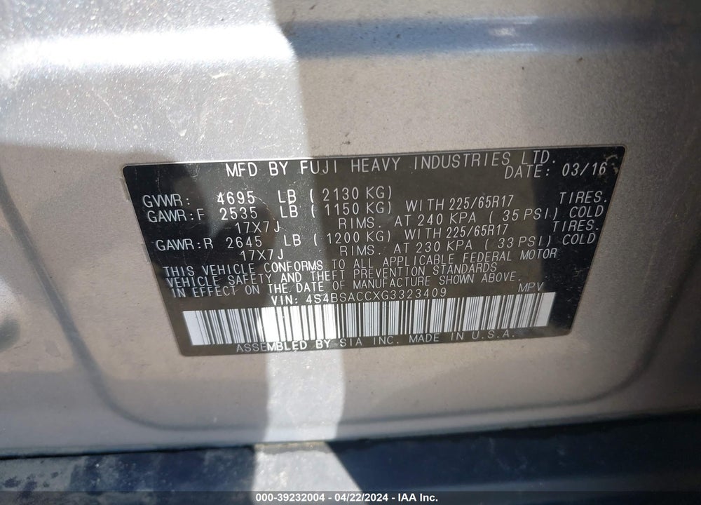 2016 SUBARU OUTBACK 2.5I PREMIUM VIN: 4S4BSACCXG3323409