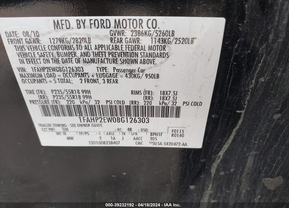 2011 FORD TAURUS SEL VIN: 1FAHP2EW0BG126303