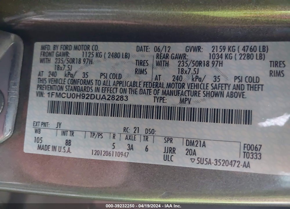 2013 FORD ESCAPE SEL VIN: 1FMCU0H92DUA28283