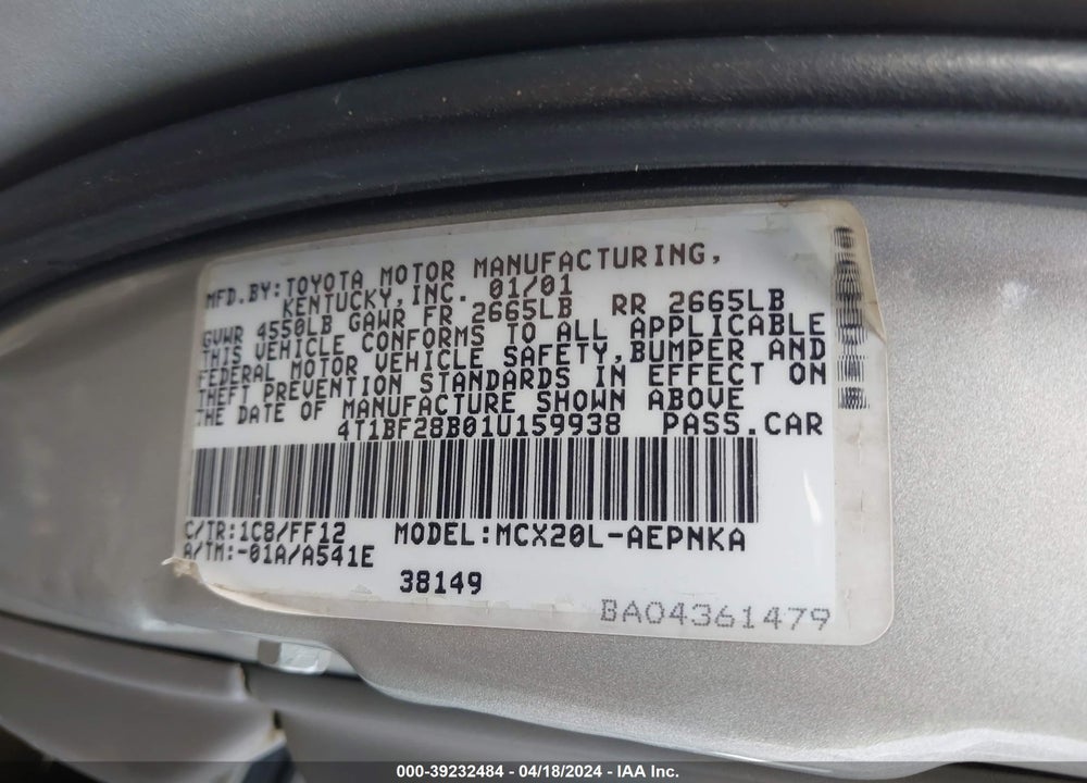 2001 TOYOTA AVALON XL VIN: 4T1BF28B01U159938