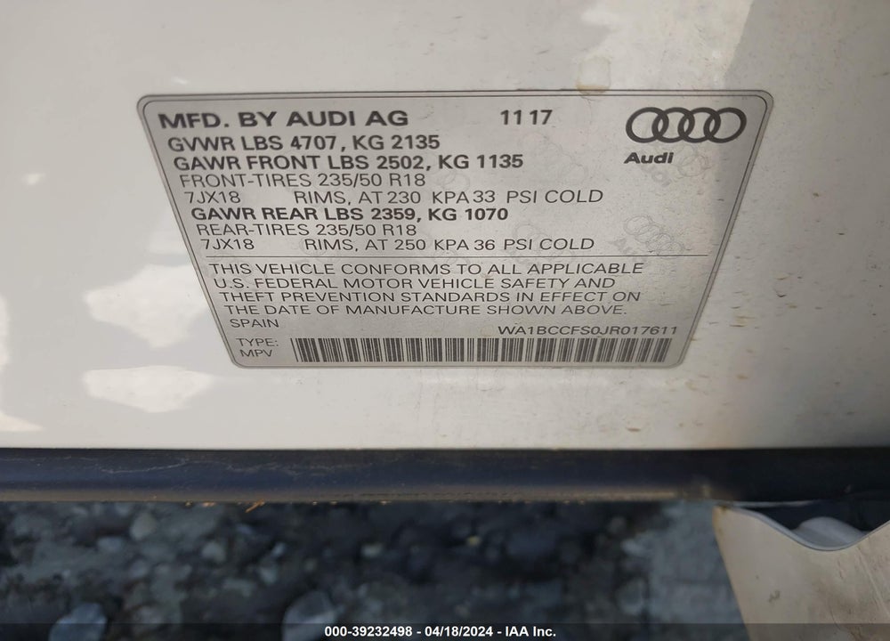 2018 AUDI Q3 VIN: WA1BCCFS0JR017611