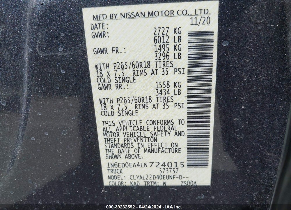 2020 NISSAN FRONTIER SV 4X2 VIN: 1N6ED0EA4LN724015
