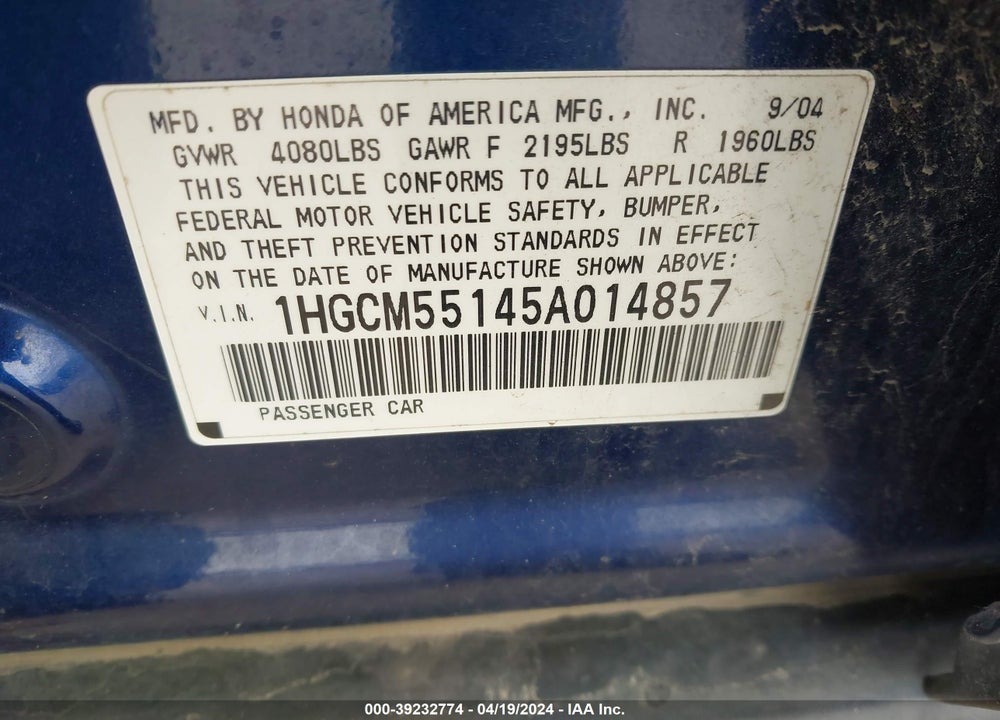 2005 HONDA ACCORD 2.4 DX VIN: 1HGCM55145A014857