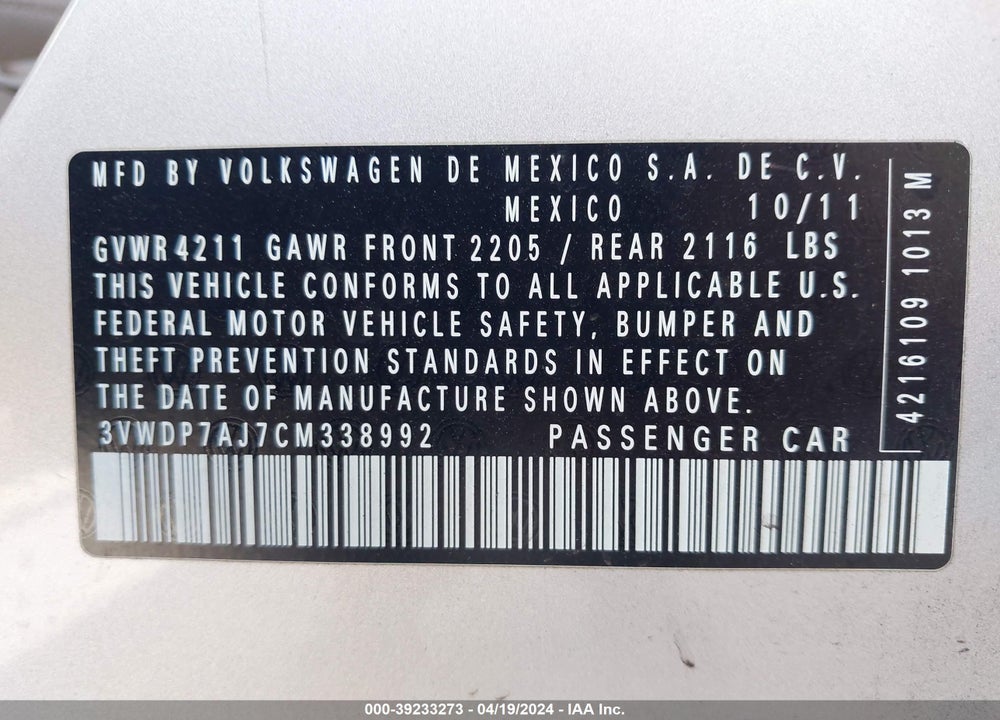 2012 VOLKSWAGEN JETTA 2.5L SE VIN: 3VWDP7AJ7CM338992
