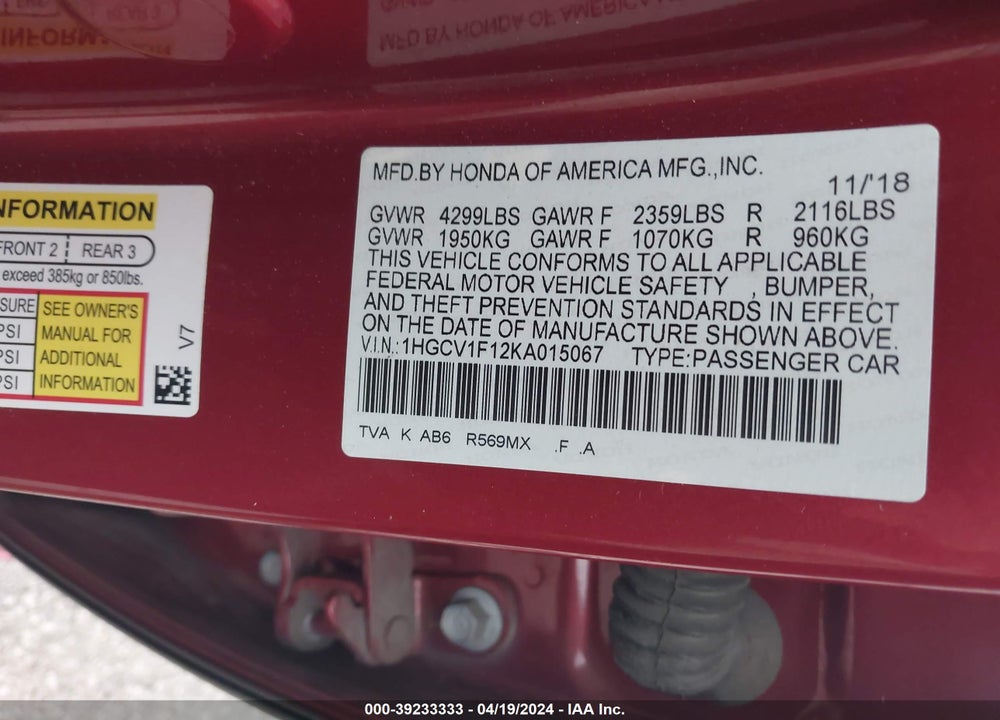 2019 HONDA ACCORD LX VIN: 1HGCV1F12KA015067