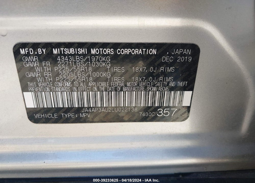 2020 MITSUBISHI OUTLANDER SPORT 2.0 BE VIN: JA4AP3AU2LU022138