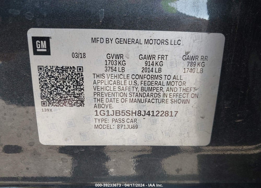 2018 CHEVROLET SONIC LS AUTO VIN: 1G1JB5SH8J4122817