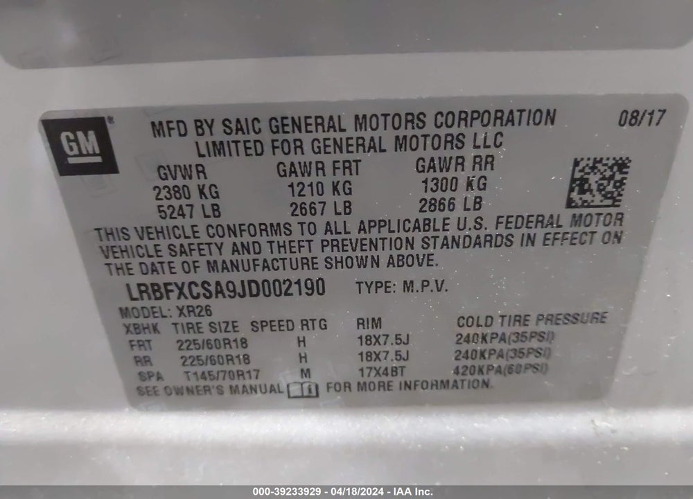 2018 BUICK ENVISION VIN: LRBFXCSA9JD002190