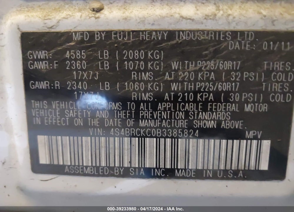 2011 SUBARU OUTBACK 2.5I LIMITED VIN: 4S4BRCKC0B3385824