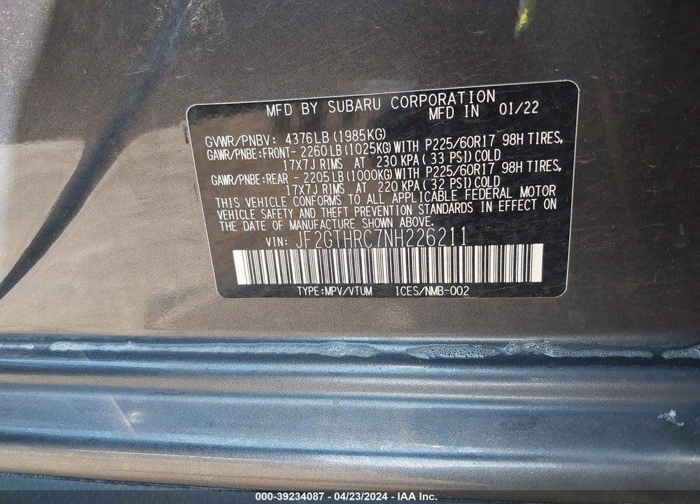 2022 SUBARU CROSSTREK SPORT VIN: JF2GTHRC7NH226211