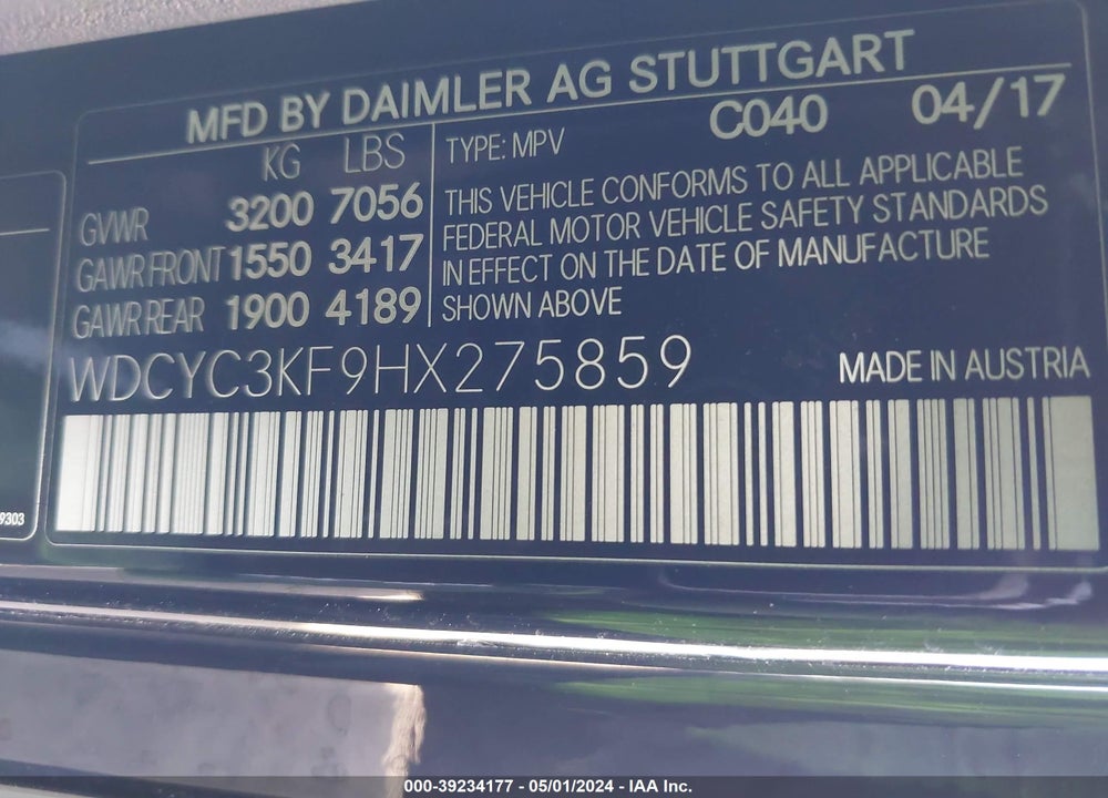 2017 MERCEDES-BENZ G 550 4MATIC VIN: WDCYC3KF9HX275859