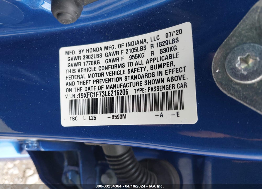 2020 HONDA CIVIC EX-L VIN: 19XFC1F73LE216206