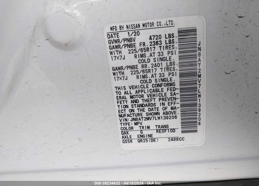 2020 NISSAN ROGUE S INTELLIGENT AWD VIN: JN8AT2MV7LW139206