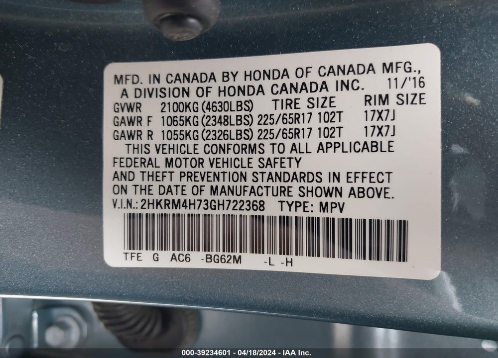 2016 HONDA CR-V EX-L VIN: 2HKRM4H73GH722368