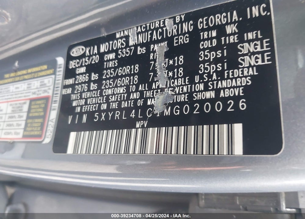 2021 KIA SORENTO S VIN: 5XYRL4LC1MG020026
