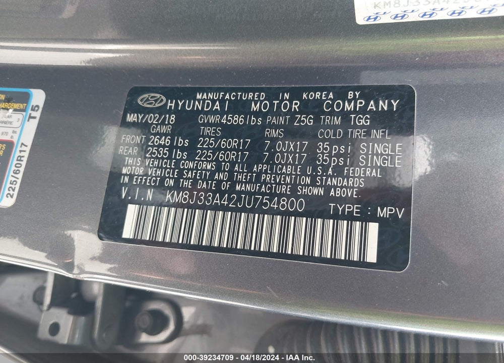 2018 HYUNDAI TUCSON SEL VIN: KM8J33A42JU754800
