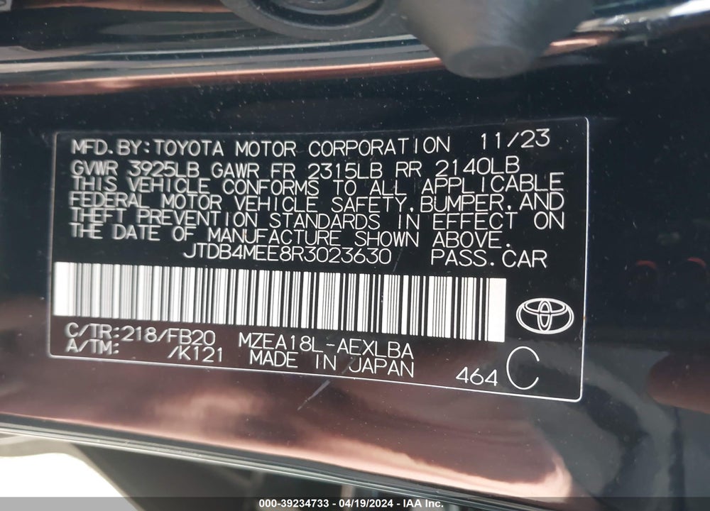 2024 TOYOTA COROLLA LE VIN: JTDB4MEE8R3023630