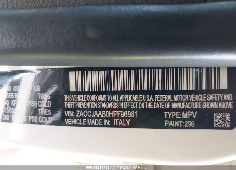 2017 JEEP RENEGADE SPORT FWD VIN: ZACCJAAB0HPF96961