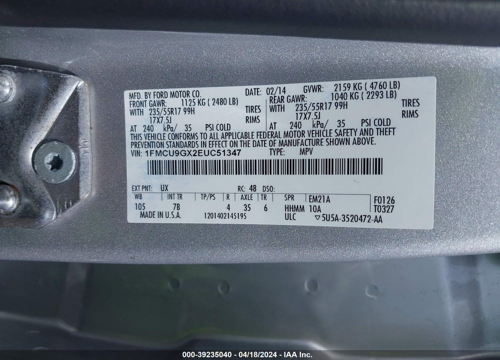 2014 FORD ESCAPE SE VIN: 1FMCU9GX2EUC51347