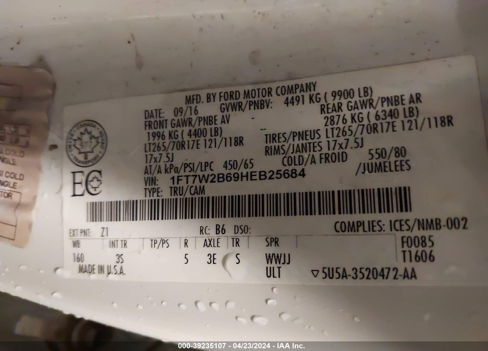 2017 FORD F-250 XLT VIN: 1FT7W2B69HEB25684